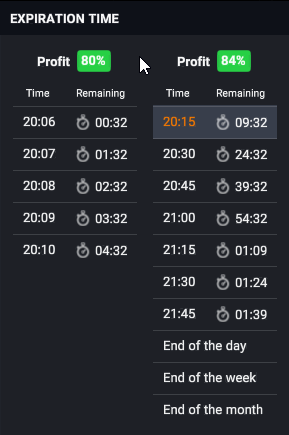Step 2 Choose the expiry time for the trade.